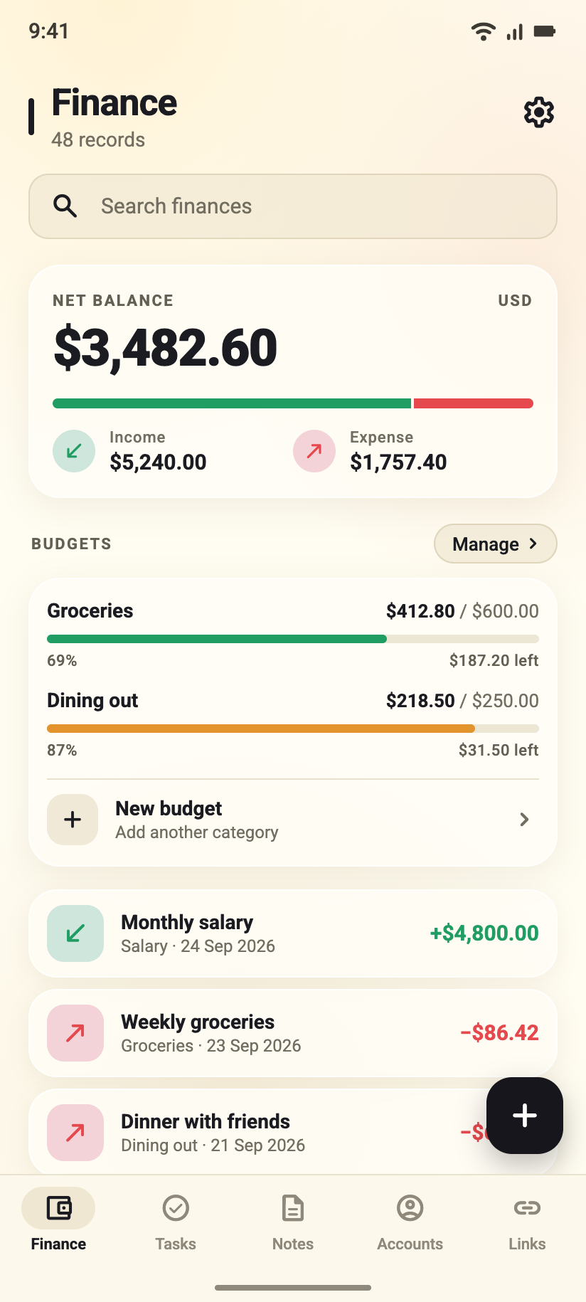 The Rixbo Keep app on an Android phone, open on the Finance tab.